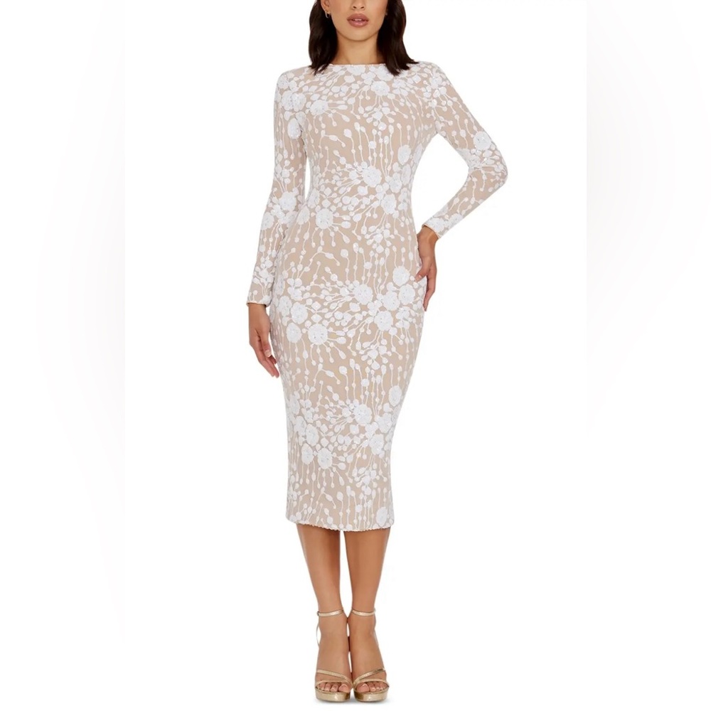 DRESS THE POPULATION NEW white nude beaded engagement Emery Fitted Dress Sz XL - Picture 2 of 10